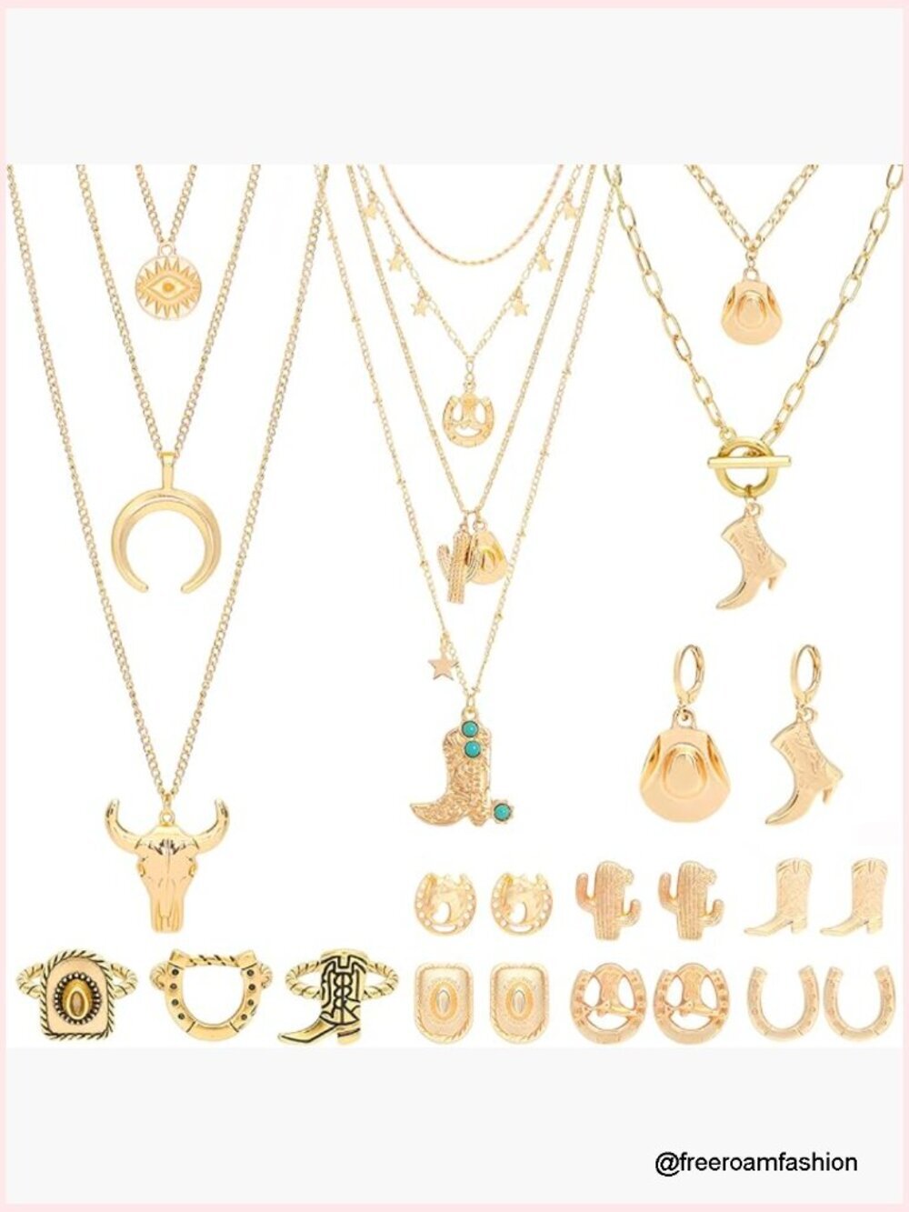 18-Piece Cowgirl Jewelry Set with Layered Necklaces Rings Earrings Western